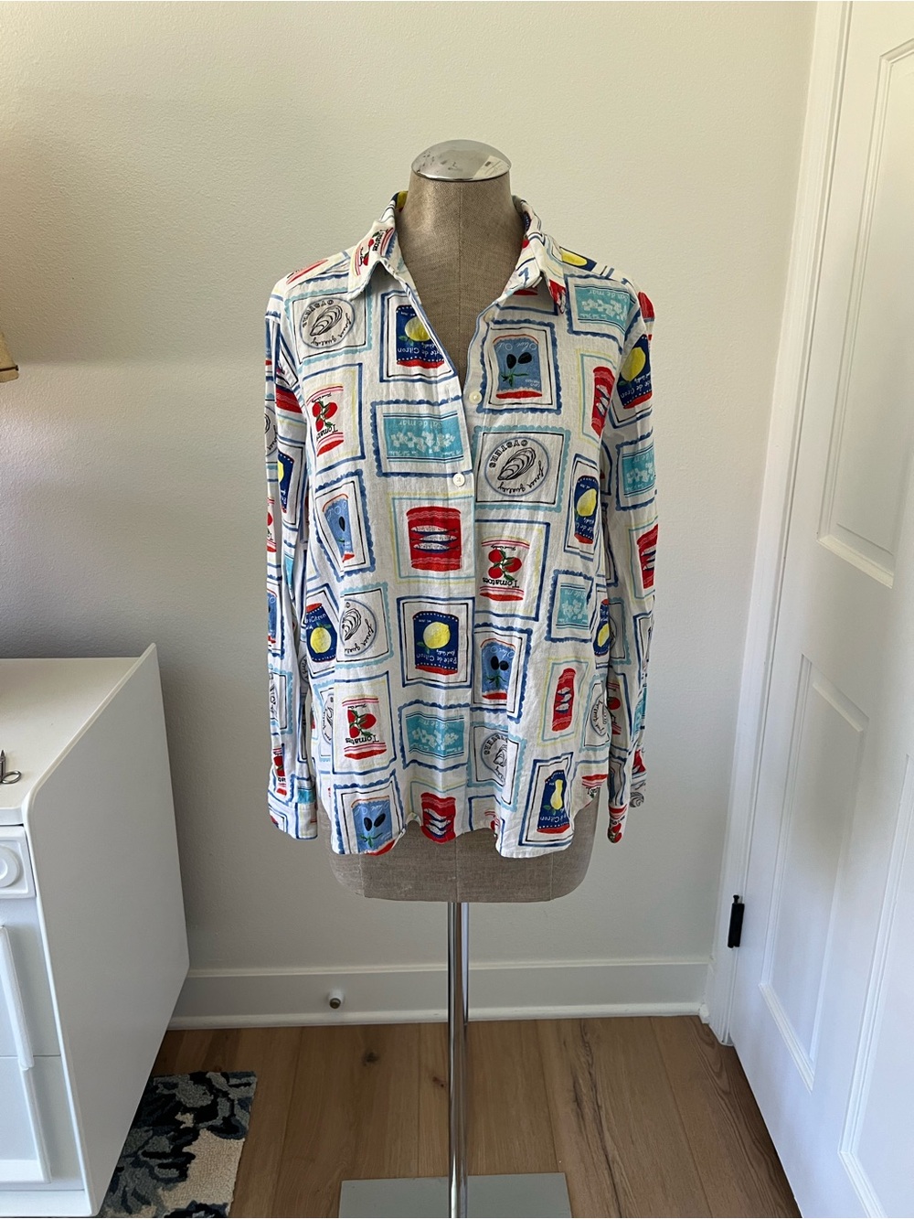 LOFT White Button-Down Shirt with Blue, Red & Yellow Stamp Print